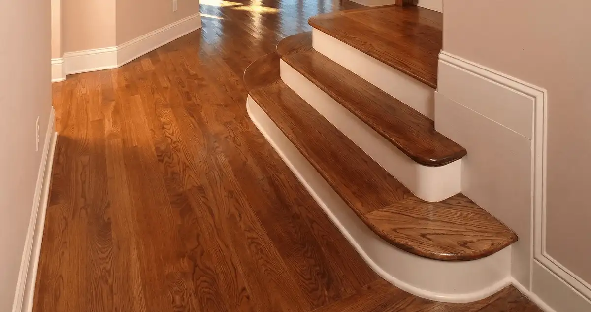 Base floor of a staircase with professionally restored wood flooring in South Bend IN