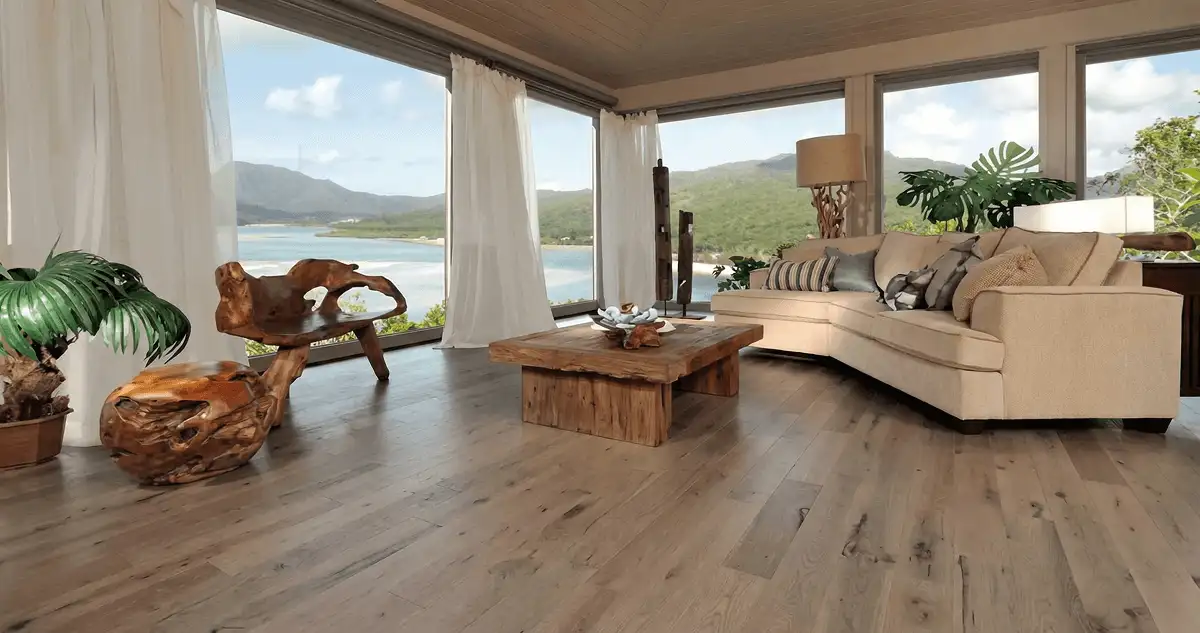 Professionally installed vinyl flooring in a modern living room with large windows in South Bend, IN